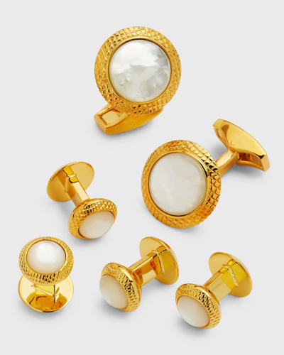 Shop Tateossian Men's Bullseye Mother-of-pearl Cufflink Stud Set In Yellow Gold