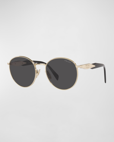 Prada Round Logo Mixed-media Sunglasses In Gold/gray Solid | ModeSens