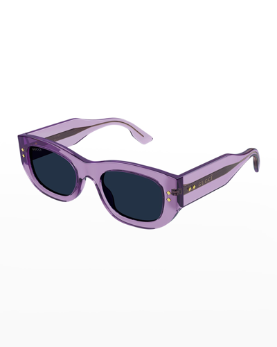 Shop Gucci Embellished Rectangle Acetate Sunglasses In Violet