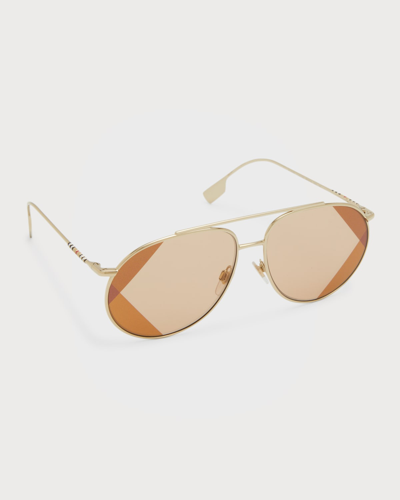 Shop Burberry Striped Steel Aviator Sunglasses In Light Brown