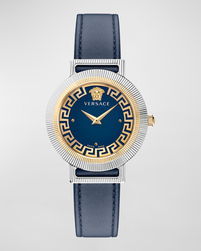 Shop Versace 36mm Greca Chic Leather Watch, Two-tone/blue In Stainless Steel