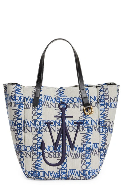 Shop Jw Anderson Cabas Jacquard Tote In Black/ Off White/ Blue
