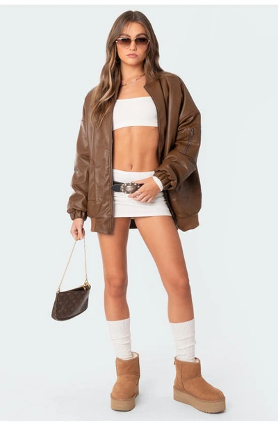 Shop Edikted Oversize Faux Leather Bomber In Brown