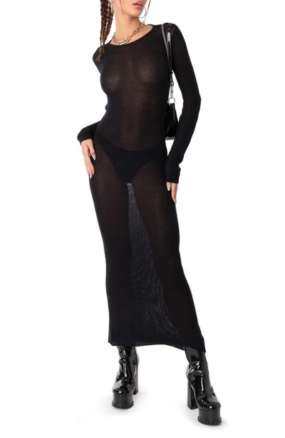 Shop Edikted London Open Back Long Sleeve Knit Maxi Dress In Black