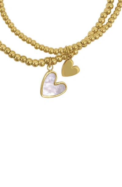 Adornia Tarnish Resistant 14k Gold Plated Set Of Heart Ball Bracelets With Mother-of-pearl In Yellow