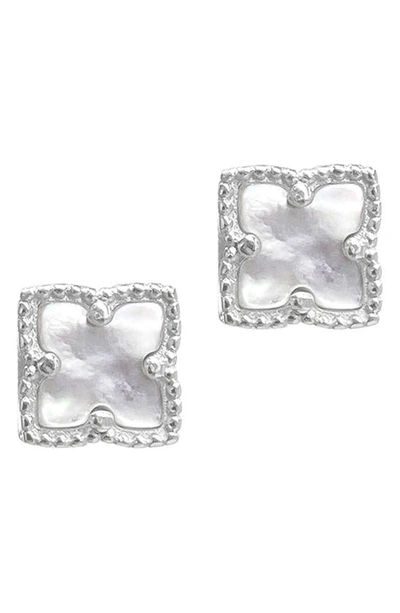 Adornia Silver Plated Flower White Imitation Mother Of Pearl Stud Earrings In White Sil