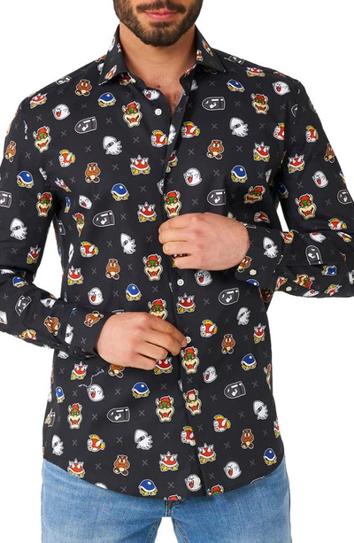 Shop Opposuits Super Mario Bad Guys Trim Fit Button-up Shirt In Black