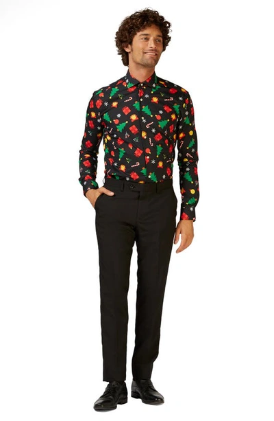 Shop Opposuits Christmas Icons Trim Fit Button-up Shirt In Black