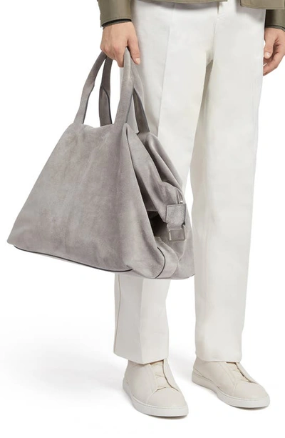 Shop Zegna Suede Duffle Bag In Light Grey
