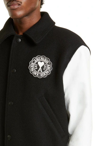 Shop Ami Alexandre Mattiussi Ami De Coeur Teddy Wool & Leather Varsity Jacket In Black/ 001