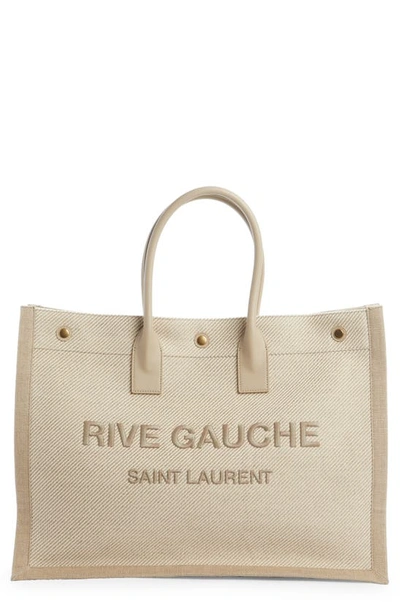 Shop Saint Laurent Small Noe Rive Gauche Logo Cotton & Linen Canvas Tote In Beige