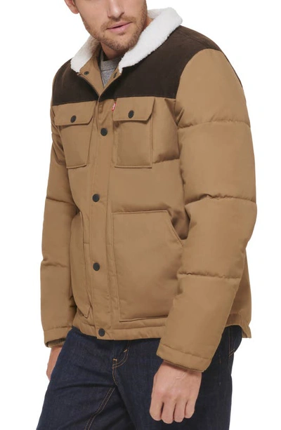 Levi's Woodsman High Pile Fleece Puffer Jacket In Tan Dark Brown Corduroy  Yoke | ModeSens
