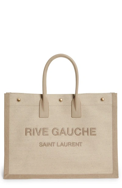 Shop Saint Laurent Medium Noe Rive Gauche Logo Canvas Tote In Beige