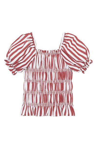 Shop Habitual Kids' Stripe Smocked Puff Sleeve Top In Dark Red