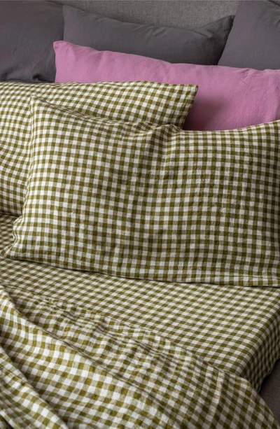 Piglet In Bed Gingham Linen Fitted Sheet In Botanical Green