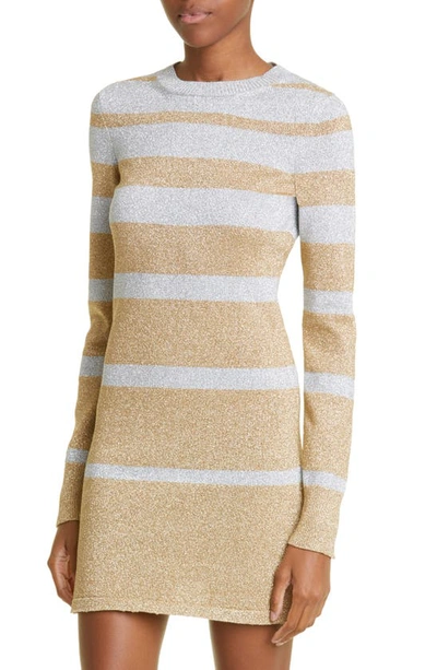 Shop Rabanne Metallic Variegated Stripe Long Sleeve Sweater Dress In Gold/ Silver