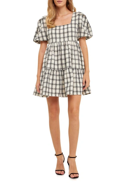 ENGLISH FACTORY ENGLISH FACTORY GINGHAM PUFF SLEEVE TWEED MINIDRESS 