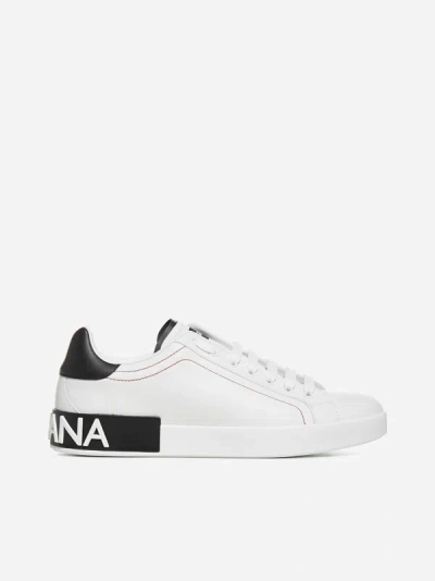 Shop Dolce & Gabbana Portofino Leather Sneakers In White,black