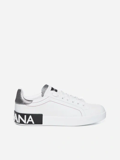 Shop Dolce & Gabbana Portofino Leather Sneakers In White,silver