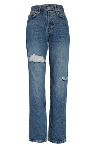 Shop Topshop Brixton Ripped High Waist Dad Jeans In Mid Blue