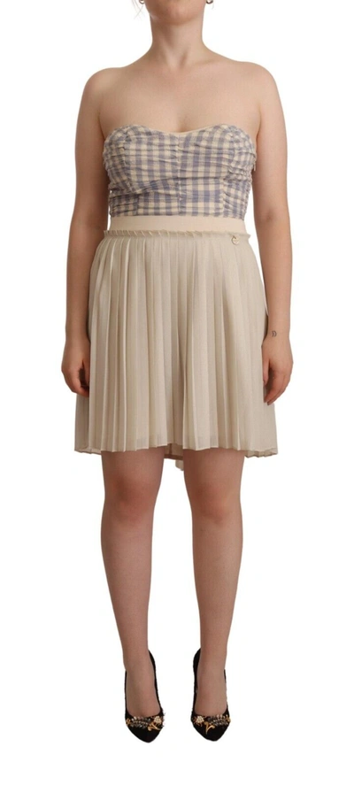 Guess Beige Checkered Pleated A-line Strapless Bustier Dress In Beige
