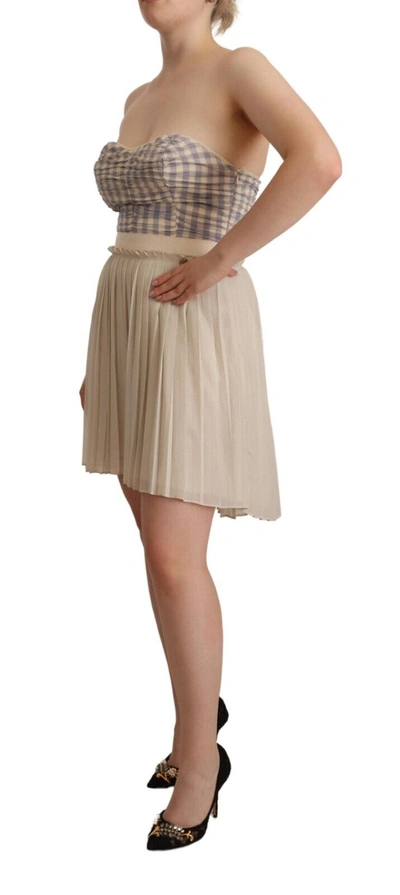 Guess Beige Checkered Pleated A-line Strapless Bustier Dress In Beige