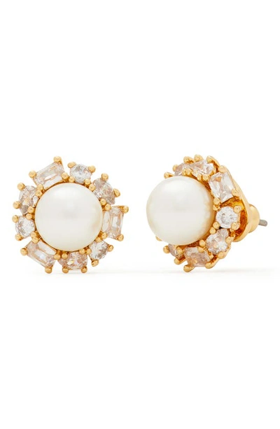Shop Kate Spade Imitation Pearl Halo Stud Earrings In Clear/ Gold