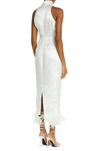 Shop Sau Lee Jillian Floral Jacquard Feather Trim Dress In White