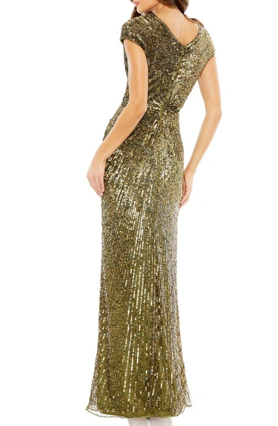 Shop Mac Duggal Sequin Wrap Front Column Gown In Olive