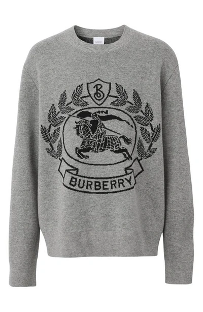 Shop Burberry Irving Equestrian Knight Crewneck Wool Sweater In Dark Thunder Grey