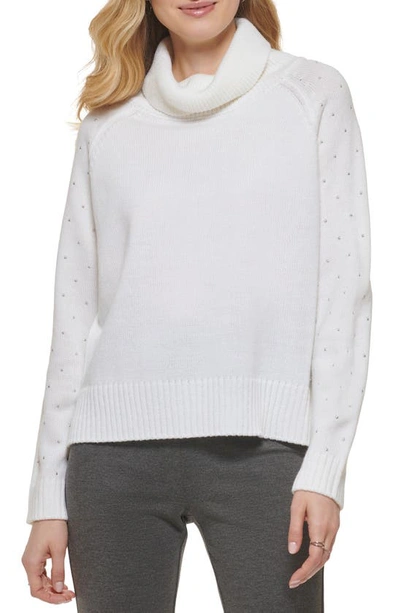 Shop Dkny Studded Sleeve Cotton Turtleneck Sweater In Ivory/ Silver