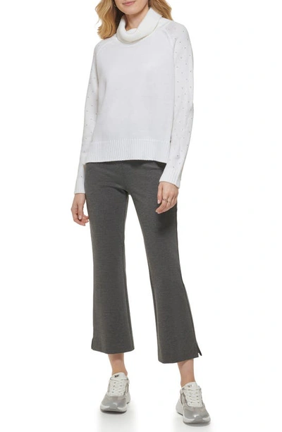 Shop Dkny Studded Sleeve Cotton Turtleneck Sweater In Ivory/ Silver