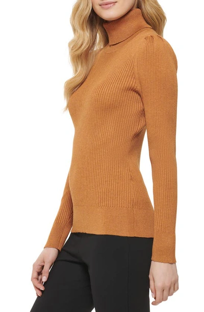 Shop Dkny Puff Sleeve Rib Turtleneck Sweater In Roasted Pecan