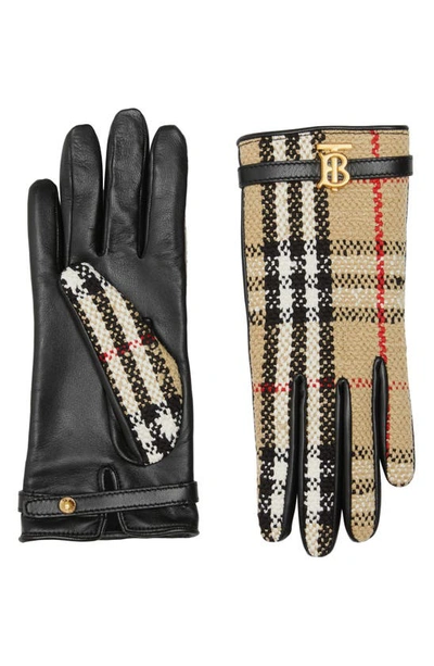 Shop Burberry Victoria Tb Monogram Tweed & Lambskin Gloves In Archive Beige Chk