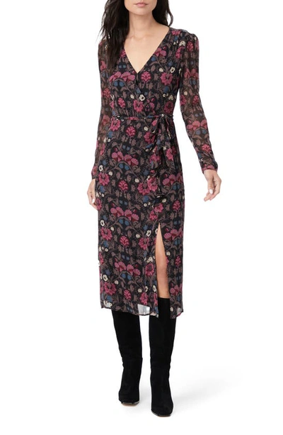 Shop Paige Ledara Long Sleeve Silk Midi Dress In Black Multi
