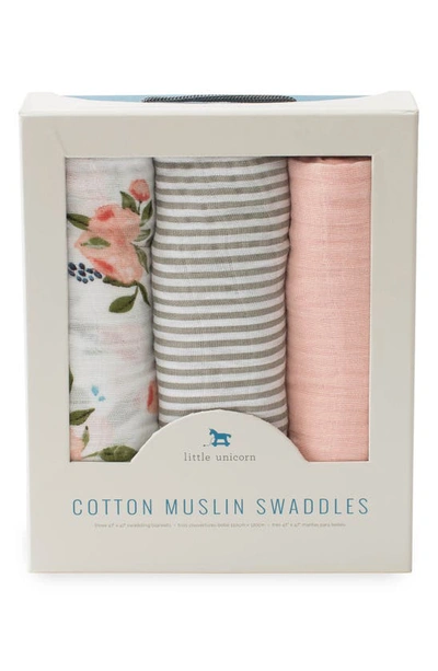 Little Unicorn Watercolor Roses Cotton Muslin 3-pack Swaddle Blanket Set In Watercolor Roses
