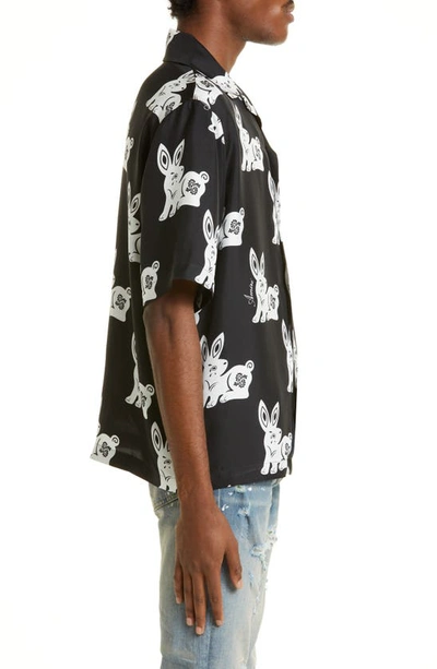 Shop Amiri Rabbit Print Silk Bowling Shirt In Black/ White