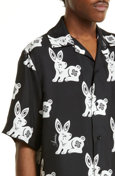 Shop Amiri Rabbit Print Silk Bowling Shirt In Black/ White