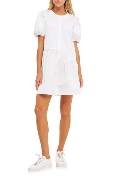 English Factory Puff Shoulder Mixed Media Minidress In White
