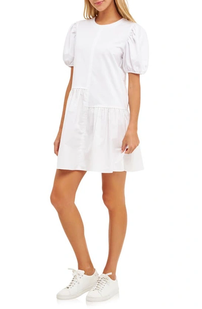 English Factory Puff Shoulder Mixed Media Minidress In White