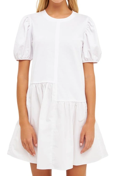 English Factory Puff Shoulder Mixed Media Minidress In White