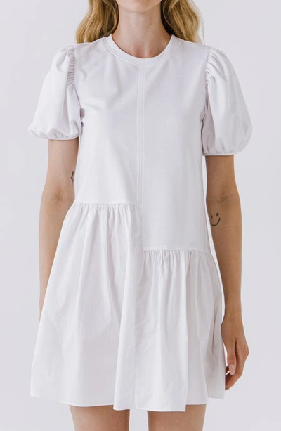 English Factory Puff Shoulder Mixed Media Minidress In White