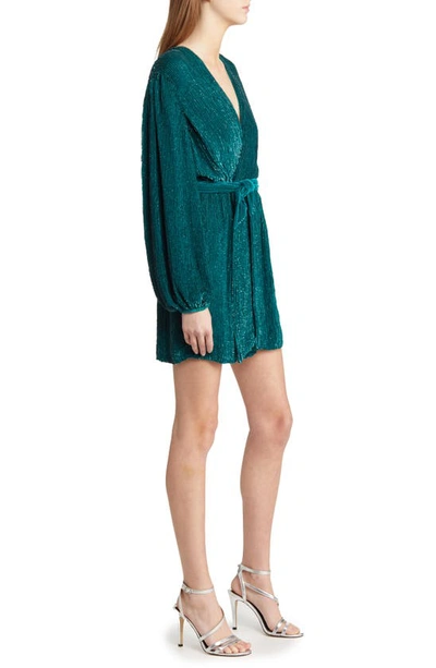 Shop Retroféte Gabrielle Metallic Long Sleeve Wrap Dress In Emerald Teal