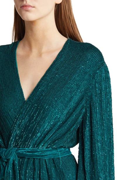 Shop Retroféte Gabrielle Metallic Long Sleeve Wrap Dress In Emerald Teal