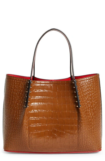 Shop Christian Louboutin Small Cabarock Croc Embossed Calfskin Leather Tote In Biscotto