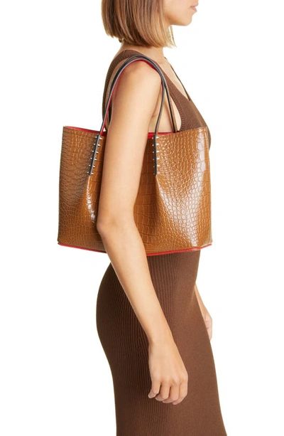 Shop Christian Louboutin Small Cabarock Croc Embossed Calfskin Leather Tote In Biscotto