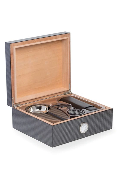 Bey-berk Carbon Fiber Cigar Humidor & Accessories Set In Brown