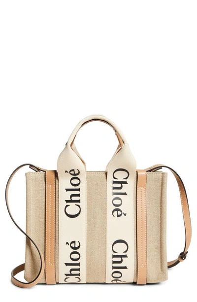 Shop Chloé Small Woody Logo Strap Linen Tote In White - Beige