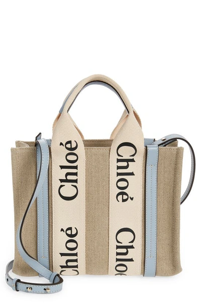 Shop Chloé Small Woody Logo Strap Linen Tote In White - Blue 2