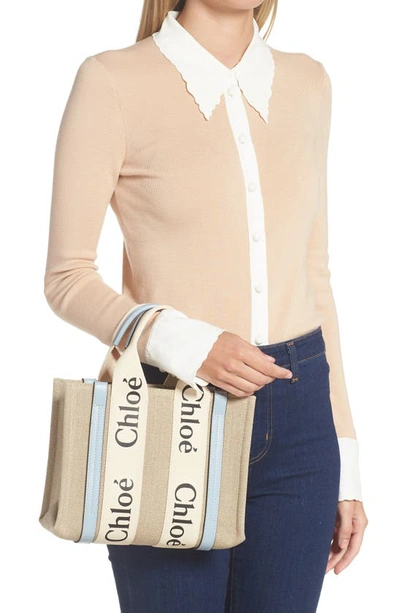 Shop Chloé Small Woody Logo Strap Linen Tote In White - Blue 2